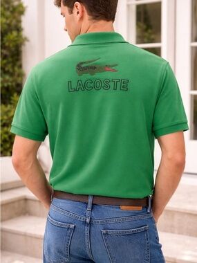 Lacoste Men's Classic Green Pique Polo Shirt - Large Logo on back - Medium